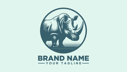 A logo illustration featuring a rhinoceros in a circle with brand name and tagline on a light green background. © bisma
