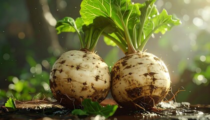 Two round, dirty, light-colored root vegetables with green leafy tops sit on dark soil against a blurred green background