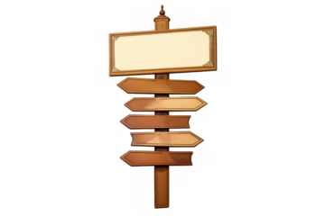 Wooden blank signpost showing multiple direction arrows for choices, navigation, travel, and pathfinding on transparent background