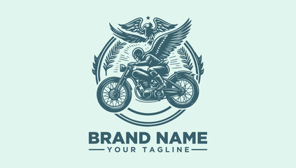 A customizable logo illustration featuring a winged motorcyclist on a teal background with a circular design and placeholder text for brand name and tagline.