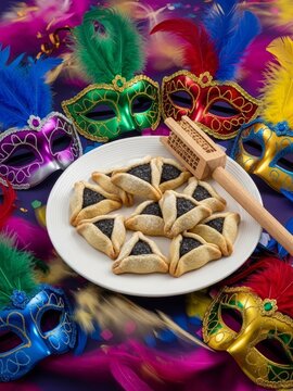 Hamantashen cookies on a white plate with a grogger surrounded by colorful Purim masks and feathers. Traditional Jewish holiday dessert for Purim celebration.