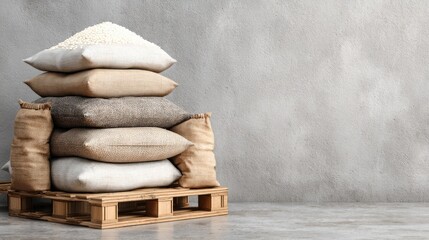 Stacked fabric pillows on pallet with sacks, textured gray background, rustic ambiance