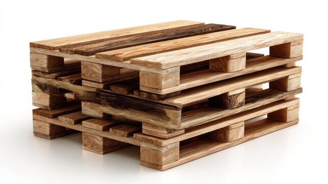 Stacked wooden pallets showing wood grain and patterns, centered on a plain white background in bright light