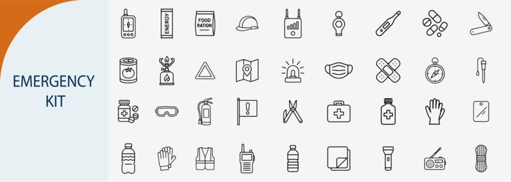 complete emergency survival kit items, flat minimal vector icon set