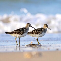 Obraz premium Two shorebirds, speckled brown and white, stand on a beach with waves in the background