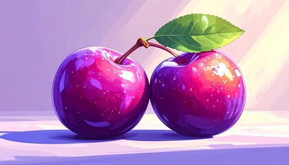 Two shiny, vibrant purple plums joined at the stem, topped with a green leaf, against an abstract purple/yellow background