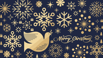 Elegant Golden Merry Christmas Greeting with Peace Dove and Snowflake Pattern on Navy Blue Background - Luxury Festive Illustration