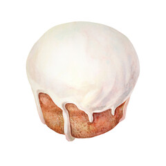 Watercolor Easter cake with sugar glaze isolated on white background. Spring bakery dessert for Christian celebration. Clipart with cupcake and icing for kitchen wallpaper and wrapping or cookbook