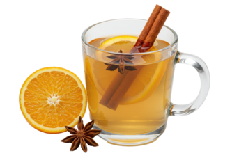 A clear glass mug with warm golden-white mulled wine, cinnamon stick, orange slice, fresh orange half, and star anise on a transparent background, cozy holiday beverage concept