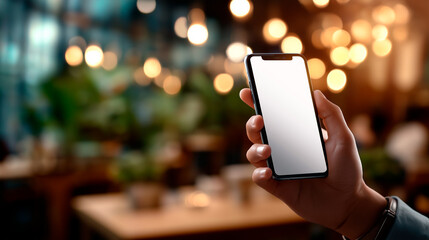 Smartphone mockup in cafe with blurred lights