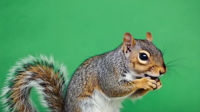 Cute squirrel standing on hind legs against green background