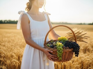Young woman in a white dress holding a wicker basket with grapes, figs, and wheat in a golden field at sunset. Concept of harvest, Shavuot festival, and nature. High quality lifestyle photography.