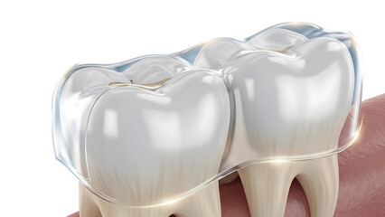 Close-up view of dental molar teeth with shiny crowns on a white background