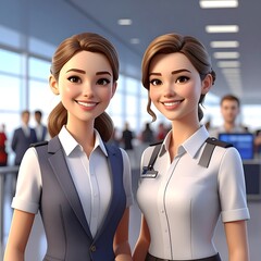 Two smiling cartoon women in uniform stand in a bright, modern interior setting with people in the background
