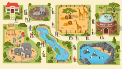 Fotobehang Zoo Zoo map with various animal enclosures and visitors enjoying attractions.  © Bismillah