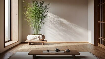 Indoor Bamboo Plant in a Zen Minimal Interior with Soft Shadows