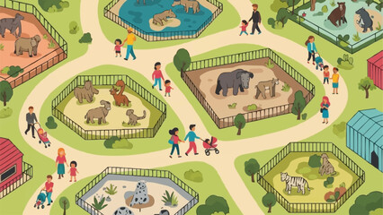 Obraz premium Cartoon illustration of a busy zoo with families observing animals in enclosures.