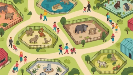 Fototapete Rund Zoo Cartoon illustration of a busy zoo with families observing animals in enclosures.  © Bismillah