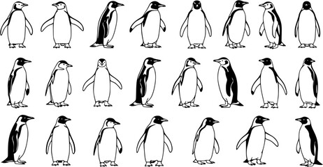 Black and White Hand-Drawn Line Art Penguins Collection. Simple Animal and Nature Vector Illustration Set of Antarctic Birds in Various Poses and Styles.