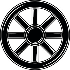 Naklejka premium vector illustration vlack and white of the dharma wheel or dharmachakra, sacred symbol of buddhism icon, ideal for spirituality, dharma and asian philosophy concepts