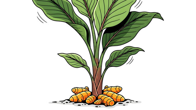 Fresh raw turmeric plant with leafy stem and underground rhizome illustrated in clean botanical style, medicinal spice herb growth isolated on pure white background