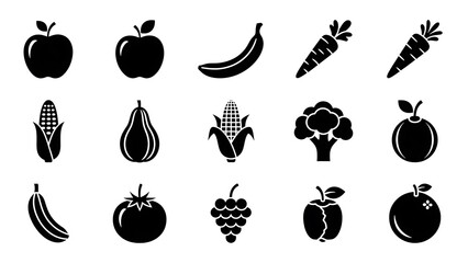 Black Silhouette Fruits and Vegetables Icons.
