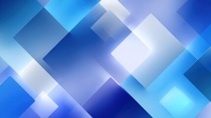 Geometric composition of translucent blue squares overlapping, creating a sense of depth and dynamic movement against a gradient background