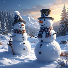 Obraz premium Two snowmen, dressed in winter hats and scarves, stand smiling in a snowy mountain landscape at sunset