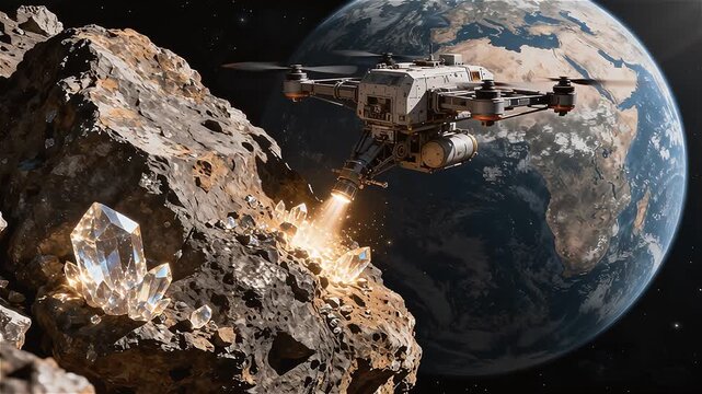 Un dron minero  extrayendo cristales brillantes de la superficie rocosa de un asteroide