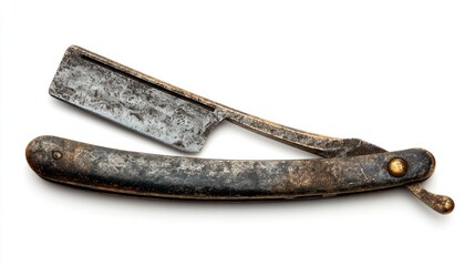 Obraz premium A well-worn, antique straight razor with a dark, tarnished metal handle and blade, showing significant age and use, rests on a stark white background; its patina speaks to years of service. 