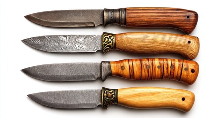 Four ornate knives aligned, each with unique blade and wood handle designs on a white background