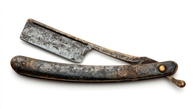 A well-worn, antique straight razor with a dark, tarnished metal handle and blade, showing significant age and use, rests on a stark white background; its patina speaks to years of service.  