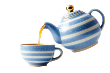 Tea pouring from striped teapot into matching cup