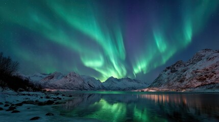 Aurora borealis dances over a tranquil lake reflecting mountains in a snowy, serene, natural vista