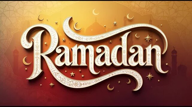 Golden 3d Ramadan Typography with Celestial Elements and Mosque Outlines