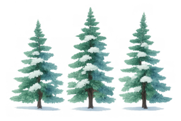 Three watercolor fir trees with snow, evergreen spruce plants for winter forest and holiday design on transparent background
