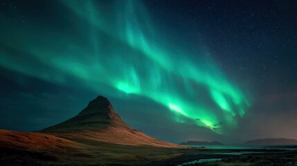Aurora borealis illuminates a dramatic Icelandic mountain landscape under a starlit sky