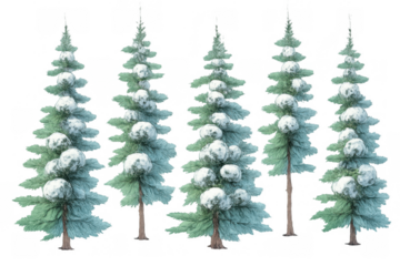 Group of snowy pine trees creating a winter forest scene with natural frozen plants on transparent background