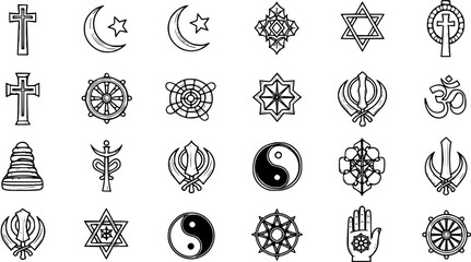 Diverse Religious Symbols Collection - Black and White Line Art Icons Set