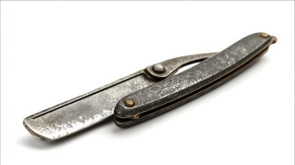 Fototapeta premium Antique safety razor, dark gray metal, aged, open, isolated on white