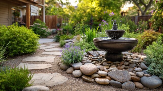A serene backyard garden features a tiered stone fountain encircled by smooth river rocks, nestled amongst lush greenery and a flagstone pathway.  The scene is bathed in soft, natural light
