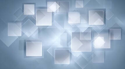 An abstract digital artwork featuring numerous translucent squares and diamonds in varying sizes and opacities, overlaid on a muted gray background, creating a sense of depth and movement