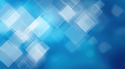 Abstract blue background featuring numerous translucent, overlapping white squares of varying sizes and opacities, set against a blurred, bokeh-effect backdrop