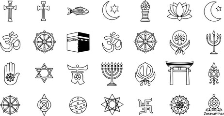 Religious Symbols Collection - Black and White Line Art Icons for Diverse Faiths, Global Spirituality, Vector Graphics
