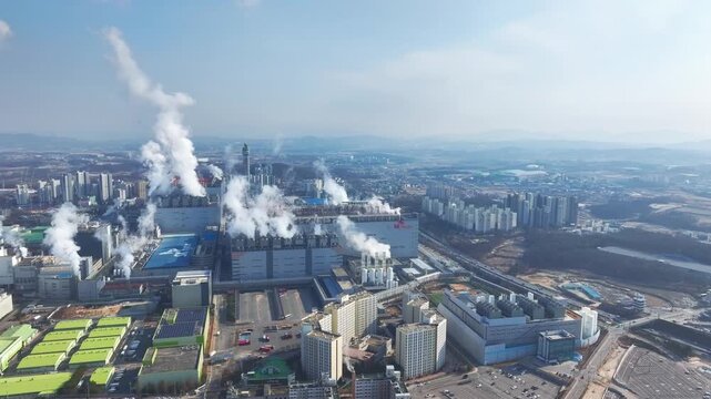 Aerial view over semiconductor manufacturing plant in Icheon City, South Korea