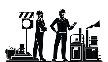 Two workers in hard hats discussing tasks at industrial site