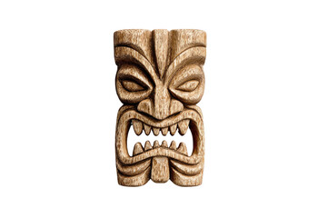 Carved wooden tiki mask with a menacing, aggressive expression