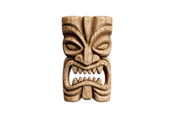 Carved wooden tiki mask with a menacing, aggressive expression