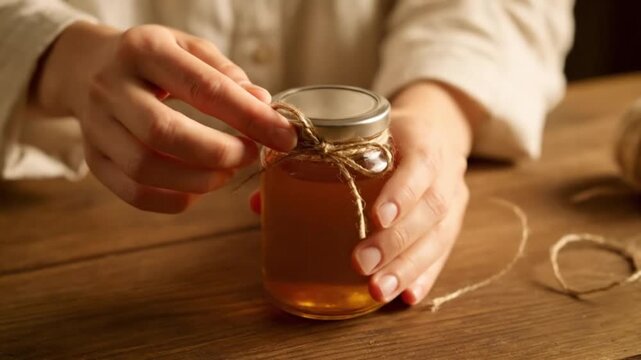 Hands Tying Twine Around a Jar of Golden Honey on Wooden Table