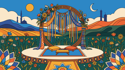 Vibrant Boho Islamic Archway: Desert Oasis Celebration with Mosques